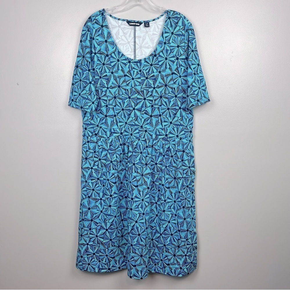 Lands End aqua & blue scoop neck cotton modal spandex blend dress, large tall.
